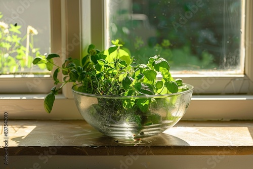 Wallpaper Mural A bowl made from recycled glass, holding a mix of fresh herbs generated by AI Torontodigital.ca