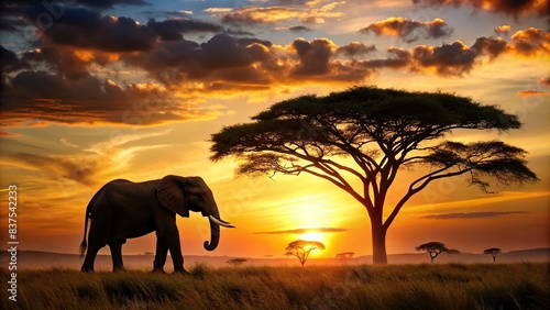 Silhouette of an elephant on safari at sunset amidst African wildlife and trees , sunset, elephant, safari, Africa, trees, wildlife, silhouette, sun, dusk, majestic, majestic, nature, wild photo