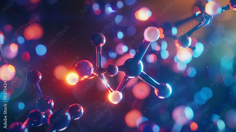 3D render of an organic chemistry reaction carbon chains illuminated showcasing close up molecular interactions in vibrant detail 3D render of an organic chemistry reaction carbon chains illuminated showcasing close up molecular interactions in vibrant detail
