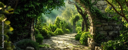 a stone path winds through a lush forest  flanked by towering trees