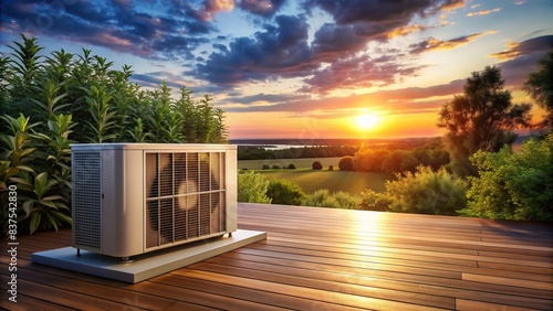 HVAC unit installed on wooden terrace at golden hour in summer AC service background, HVAC, air conditioning, unit, outside, house, wooden terrace, golden hour, summer, services photo