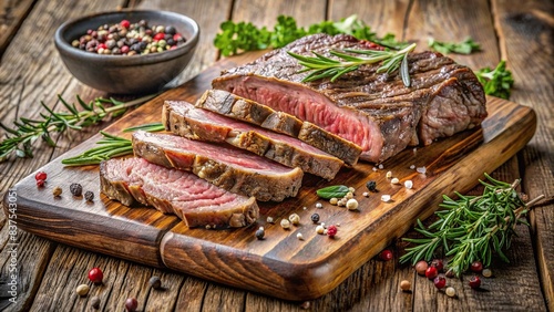 Juicy beef rib eye steak slices on wooden board with herbs, spices, and salt Mouthwatering roast beef steak seasoned with a harmonious medley of spices, beef, rib eye, steak, slices photo