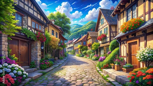 Cobblestone street in a small town with houses and colorful flowers  anime style generative   cobblestone  street  small town  houses  colorful flowers  anime style  generative AI cute