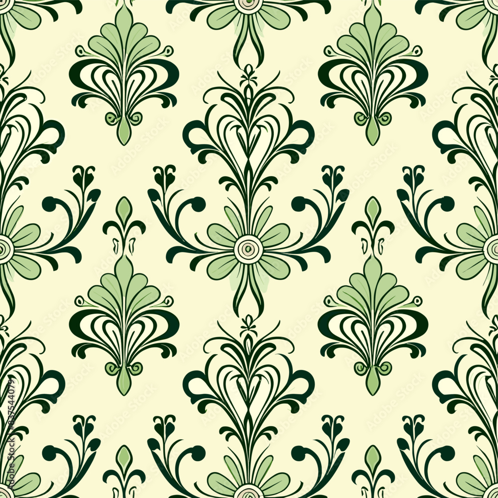 Seamless tile pattern of art nouveau elements on a pastel green background Seamless tile pattern of art nouveau elements on a pastel green background