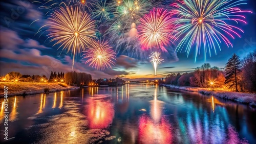 Fireworks illuminating the night sky over a river on New Year s Day  fireworks  celebration  river  reflection  night sky  holiday  colorful  festive  event  tradition  bright
