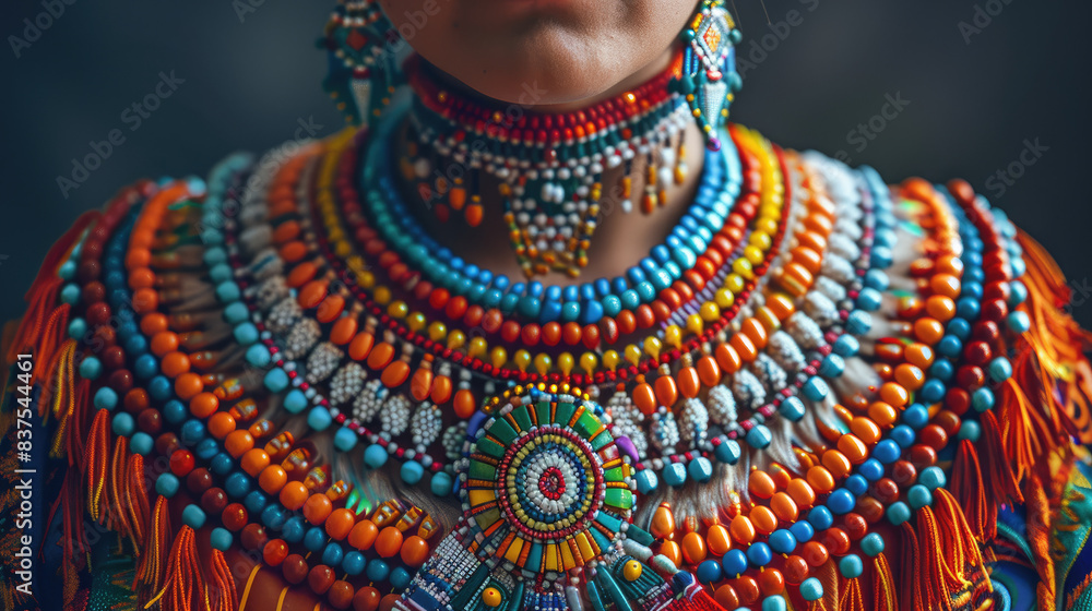 Adorned ceremonial garment with beads, cultural theme Adorned ceremonial garment with beads, cultural theme