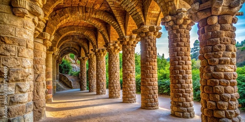 Stone columns forming an arcade in Park Guell, Barcelona, Spain