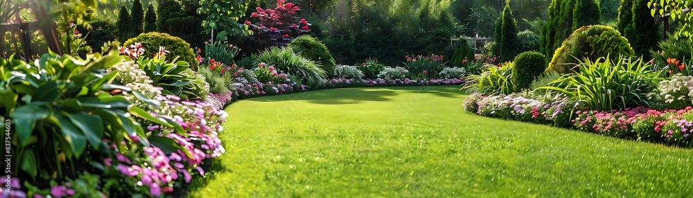 Fototapeta premium a lush green lawn adorned with a variety of colorful flowers, including purple, pink, and white blooms, set against a backdrop of lush green grass