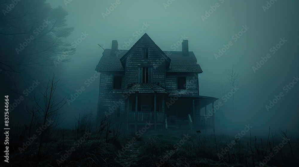 Dark, mysterious house surrounded by fog, ghostly theme Dark, mysterious house surrounded by fog, ghostly theme