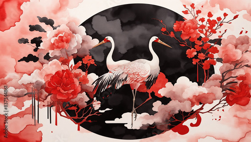 a painting of two red-crowned cranes standing in a field of red and white flowers photo