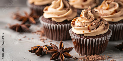 chocolatey cupcakes with caramel frosting and sprinkles of cacao powder on top, generative AI