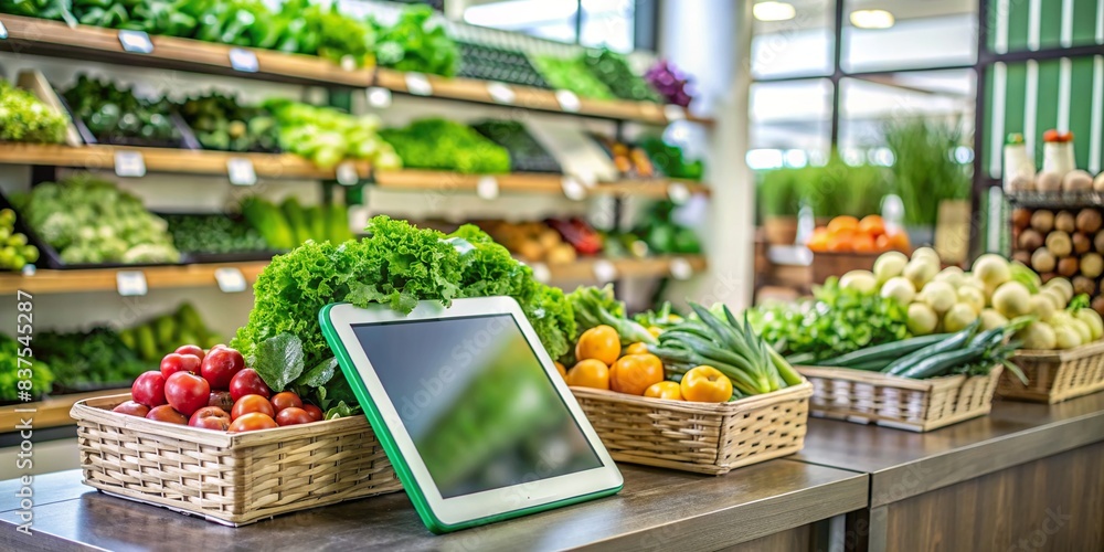 Modern green retail management workspace with fresh produce and digital tablet