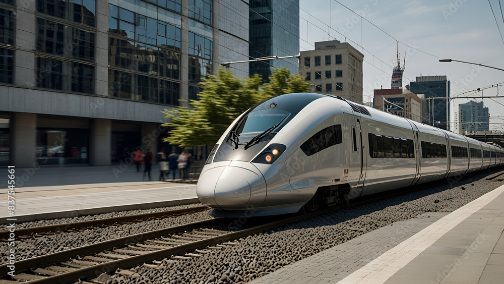 Naklejka premium High-Speed Train in Modern Urban Landscape, Futuristic Transportation Connecting Cities with Efficiency and Speed.