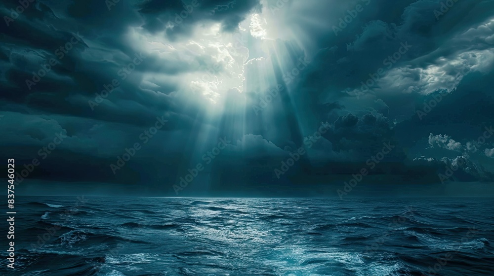 Sun rays from dark cloud reflecting off calm ocean surface, symbolize of nature equilibrium. Sun rays from dark cloud reflecting off calm ocean surface, symbolize of nature equilibrium.