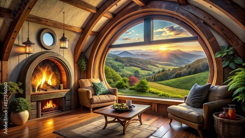 Cozy hobbit house interior with fireplace overlooking peaceful outdoor scenery