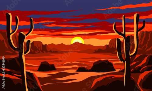 Wild west desert landscape with glowing red sunset sky