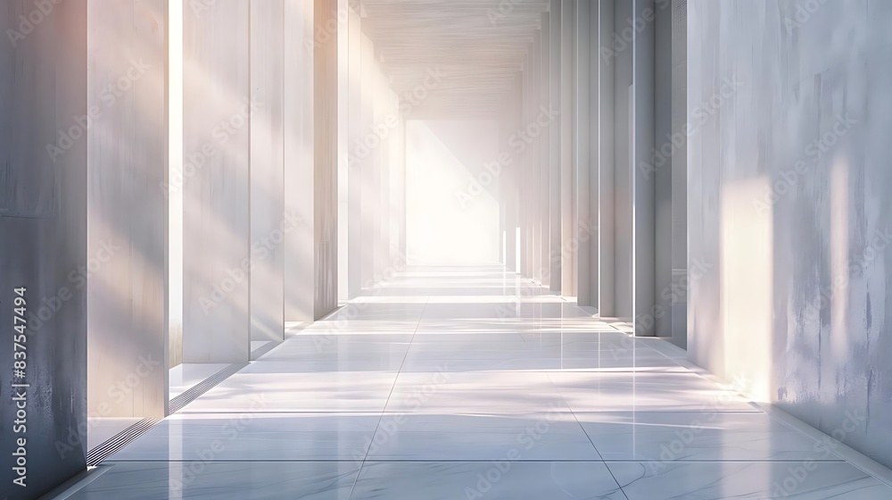 Obraz premium an empty hallway with white walls and ceiling, featuring a shiny floor