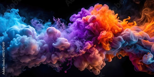 Abstract ink smoke clouds in purple  blue  and orange colors against a dark background