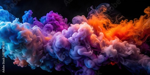 Abstract ink smoke clouds in purple, blue, and orange colors against a dark background photo