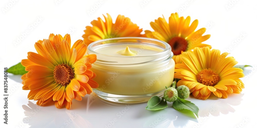Soothing balm with organic calendula flowers on a white background