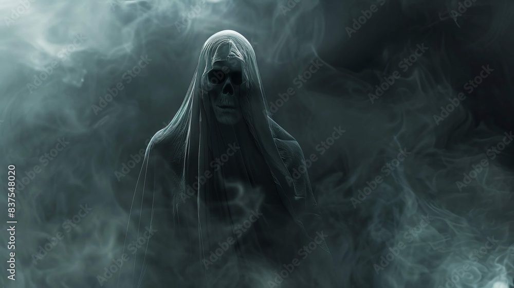 A scary skeleton is standing in front of a cloud of smoke A scary skeleton is standing in front of a cloud of smoke
