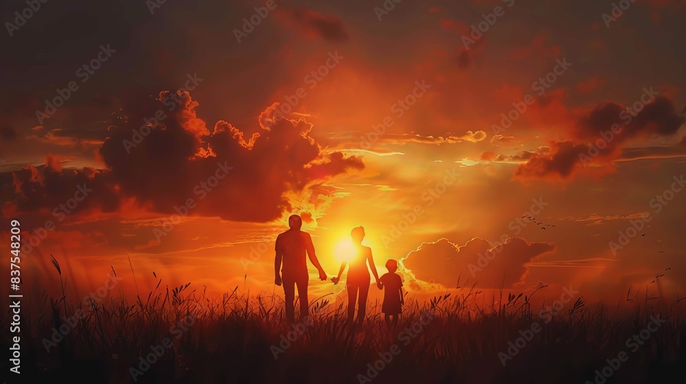 Fototapeta premium A family of three is standing in a field at sunset