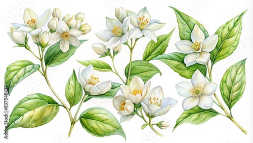 Watercolor clipart set of jasmine flowers isolated on white background photo