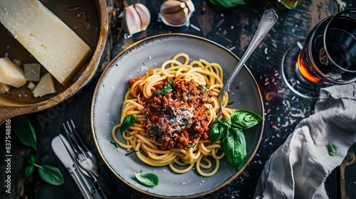 red lentil bolognese with spagehtti Pasta, food photography, 16:9