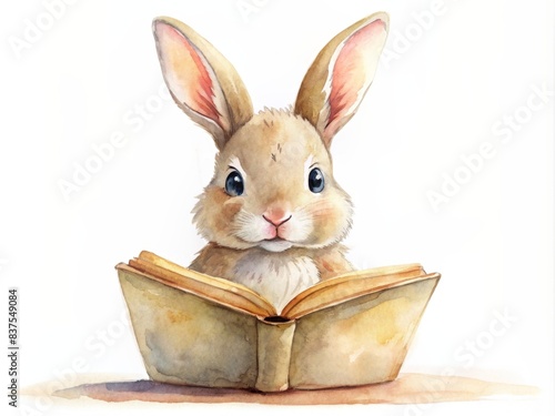 Watercolor of a cute rabbit with a big book, watercolor, drawing, rabbit, cartoon, cute, animal, book, reading, woodland, character,artistic, colorful, art, painting, adorable, whimsical