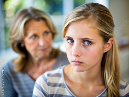 Close up of upset teenage girl in front avoiding eye contact with middle aged woman behind  after argument at home   upset  girl  teenager  mother  woman  conflict  family  generation gap
