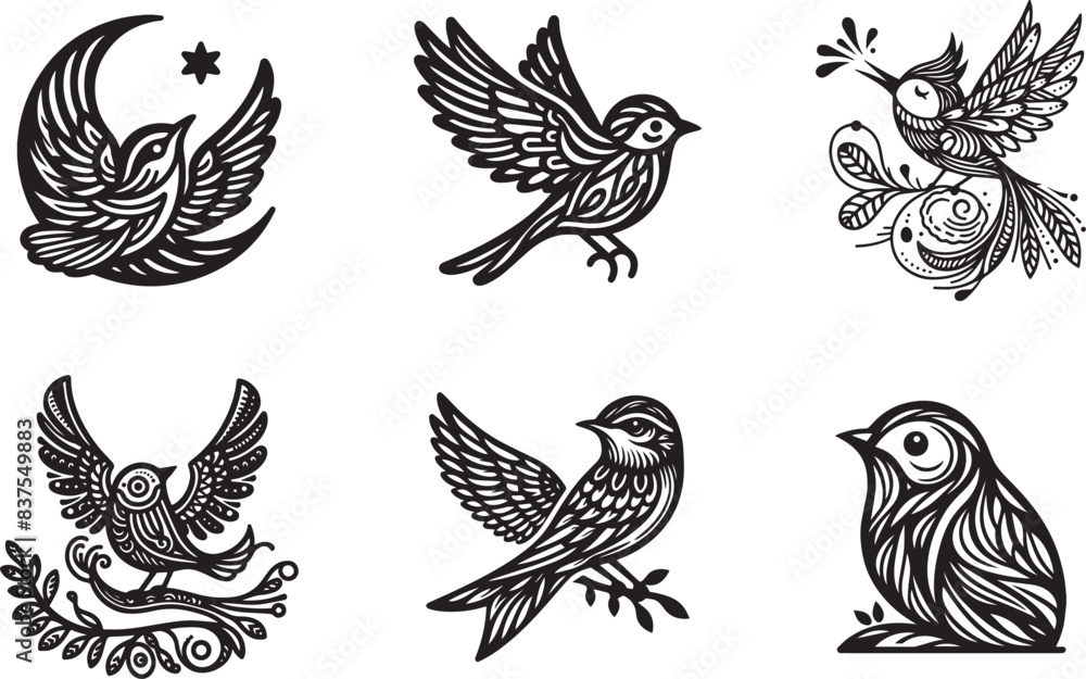 line art illustration of set of birds line art illustration of set of birds