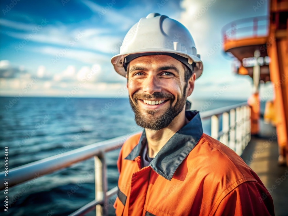 Smiling worker on offshore vessel in work overalls and hard hat ...