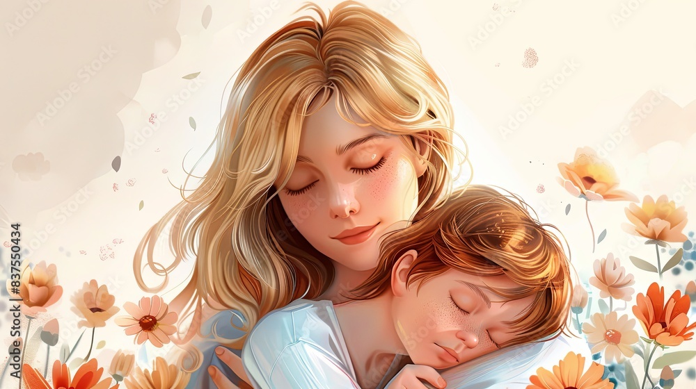 Mother's Embrace: A digital art illustration of a blonde woman with shoulder-length hair hugging her sleeping son, styled in a cute cartoon format. white background Mother's Embrace: A digital art illustration of a blonde woman with shoulder-length hair hugging her sleeping son, styled in a cute cartoon format. white background