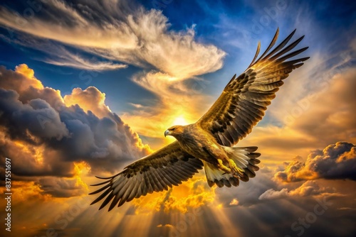 A majestic golden eagle soaring through the sky, eagle, bird, predator, wildlife, majestic, powerful, wings, sky, flying, nature, feathers, grace, wilderness, majestic, beauty, wildlife photo
