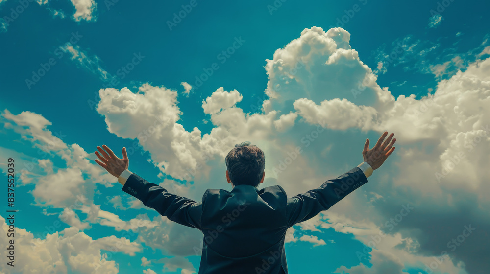 A man in a suit is standing in the sky, reaching out to the clouds A man in a suit is standing in the sky, reaching out to the clouds
