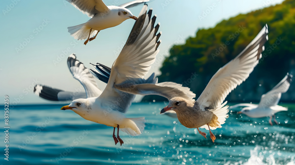 Obraz premium a flock of seagulls flying in the sky above the water.