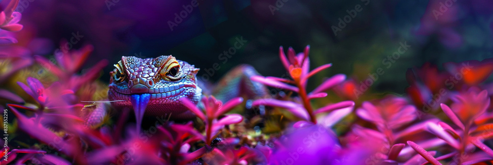 Fototapeta premium Closeup image of a lizard with bright purple flowers.