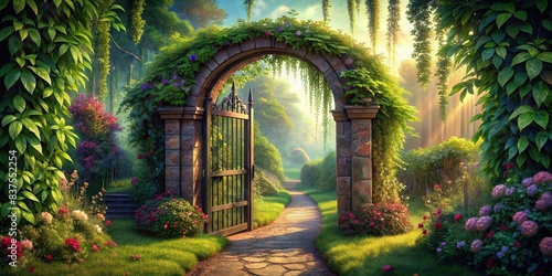 Fantasy gate covered in vines and surrounded by lush greenery