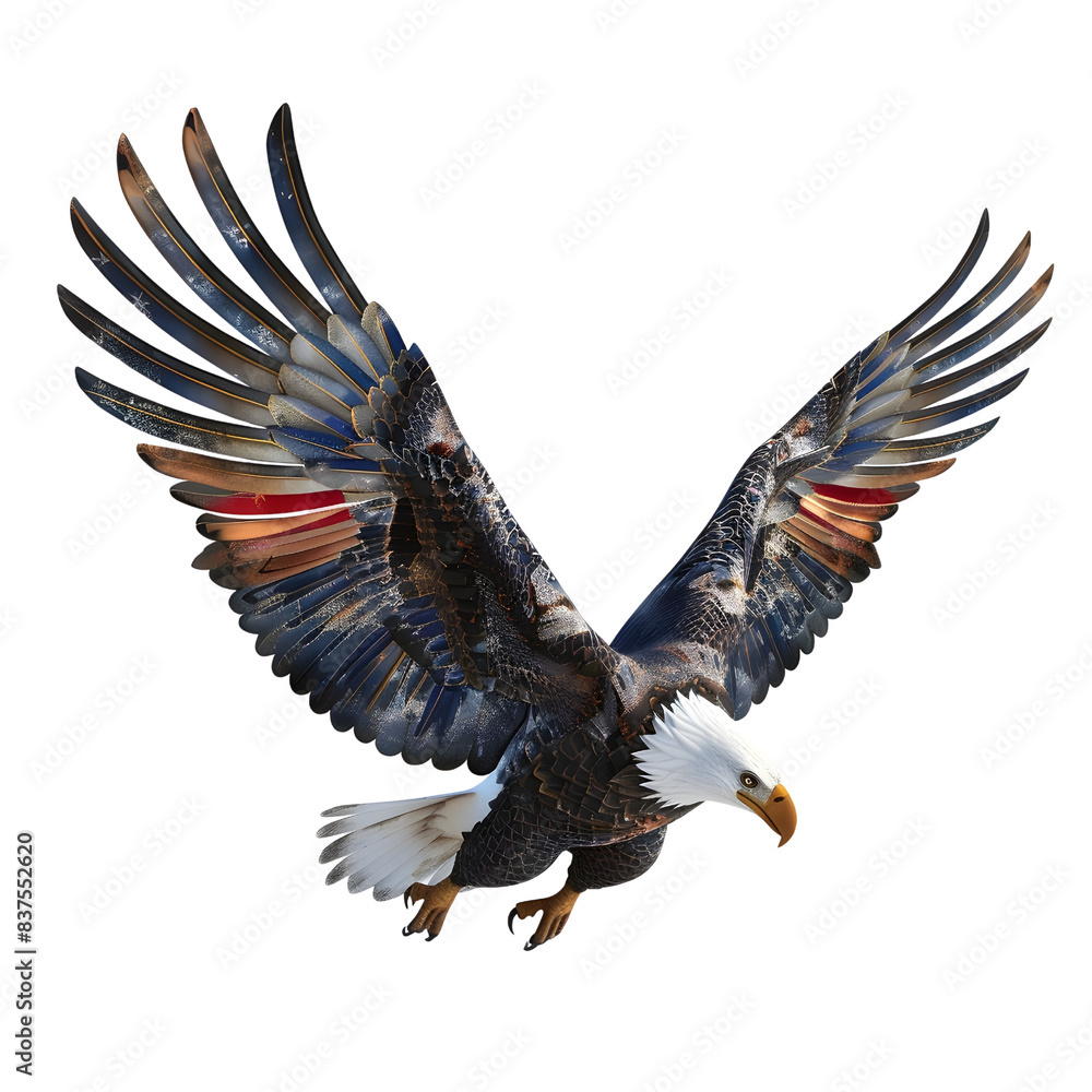Obraz premium Majestic Bald Eagle with American Flag Wings Soaring in Patriotic Pose