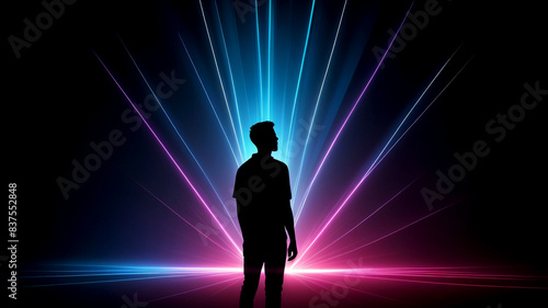 Silhouette of Individual Enjoying Light Show with Minimalistic Light Beams in Background