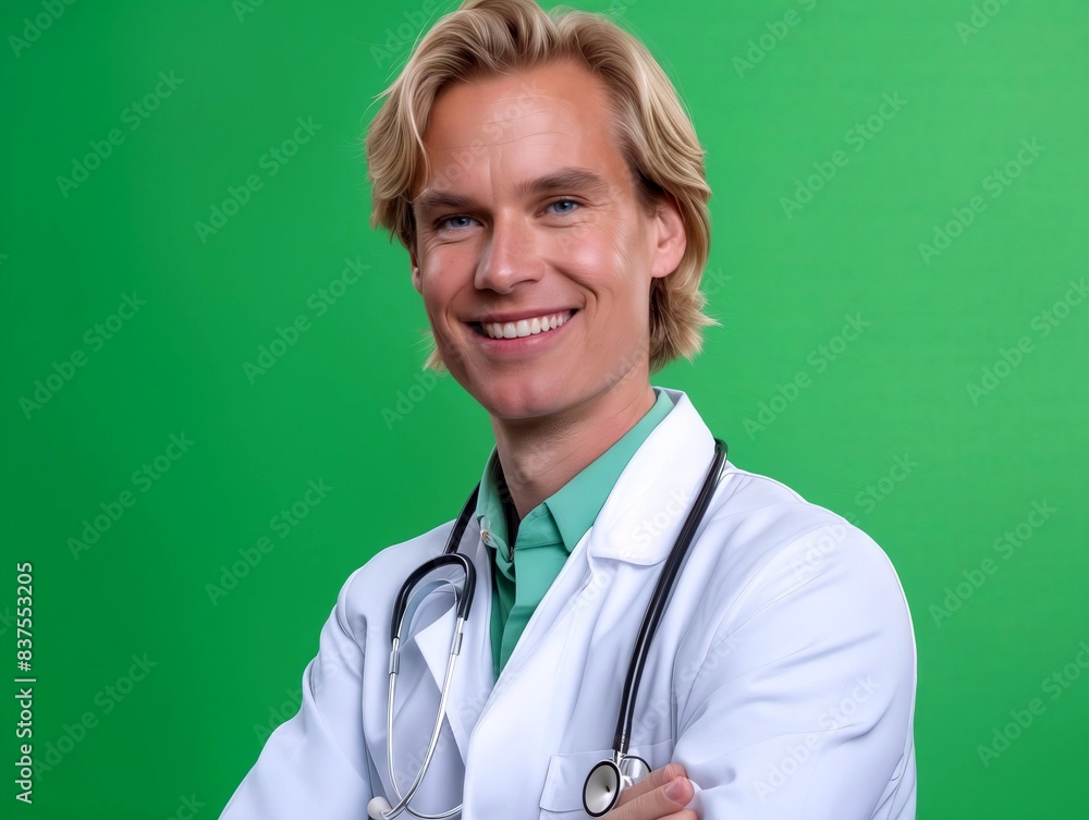A doctor with his arms crossed standing on a green background. A doctor with his arms crossed standing on a green background.
