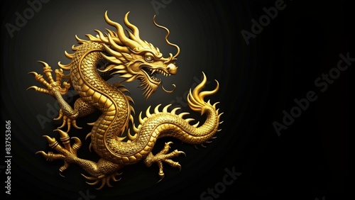 Golden dragon with intricate details on a black background, mythical, creature, Chinese, legend, folklore, majestic, powerful, beast, fantasy, traditional, symbol, ancient, Asian, ornate © artsakon
