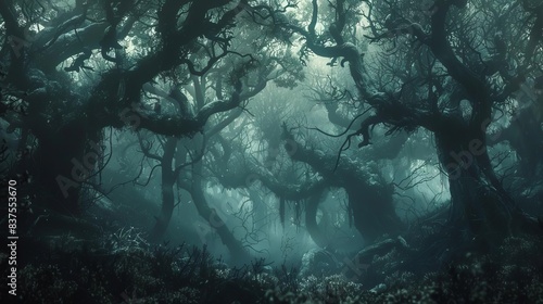 Dark forest shrouded in mist  with eerie light filtering through twisted trees