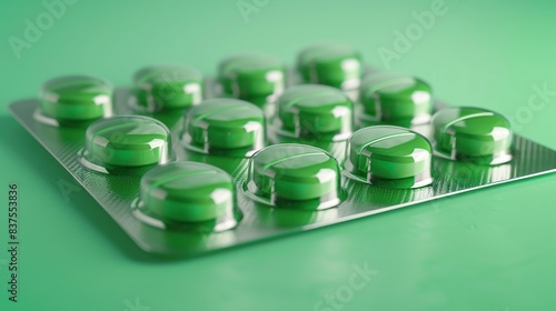 A pack shot of a green medication packaging. copy space for text.