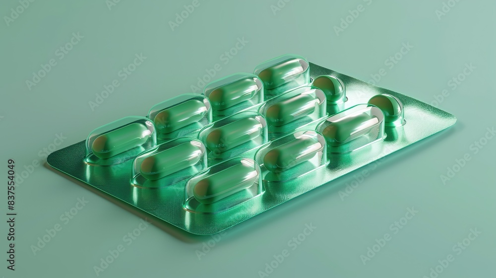 A pack shot of a green medication packaging. copy space for text. A pack shot of a green medication packaging. copy space for text.