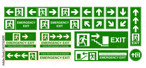 Emergency Exit sign set. Man running out with arrow. Emergency and fire exit sign and signage with instructions. Vector illustration.