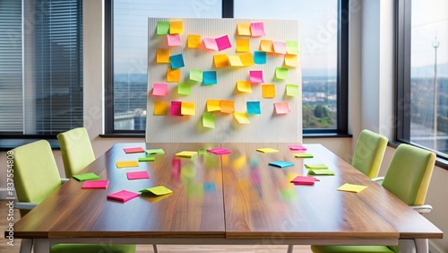 A table with a white board covered in colorful sticky notes  organization  creativity  brainstorming  planning  business  ideas  memos  office  notes  communication  strategy  teamwork