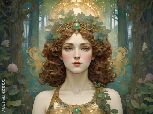 Golden Forest Lady Portrait Klimt Inspired Art