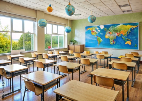 Empty classroom with maps and globes on the walls   geography  class  school  maps  globes  education  empty  empty room  learning  interior  academic  study  geography class  room  chairs
