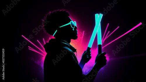 Silhouette of Raver Holding Glow Sticks with Minimal Lighting for Clean Composition